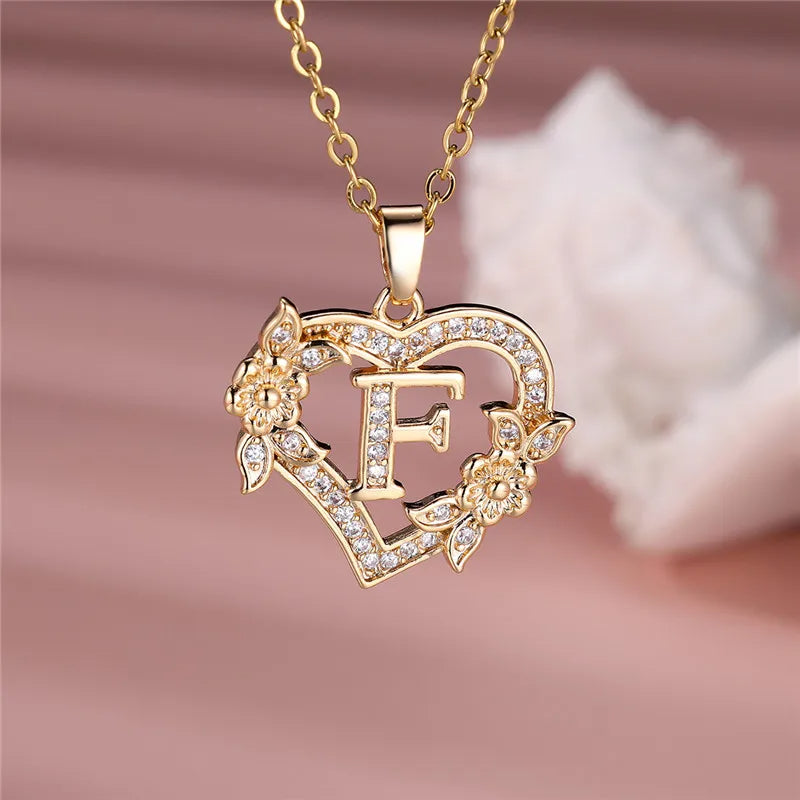 A-Z LETTER FLOWER HEART PENDANT NECKLACE