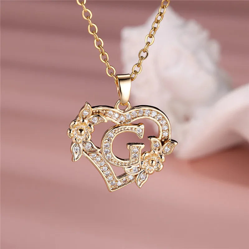 A-Z LETTER FLOWER HEART PENDANT NECKLACE