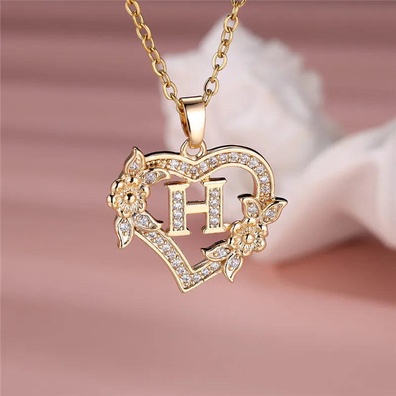 A-Z LETTER FLOWER HEART PENDANT NECKLACE