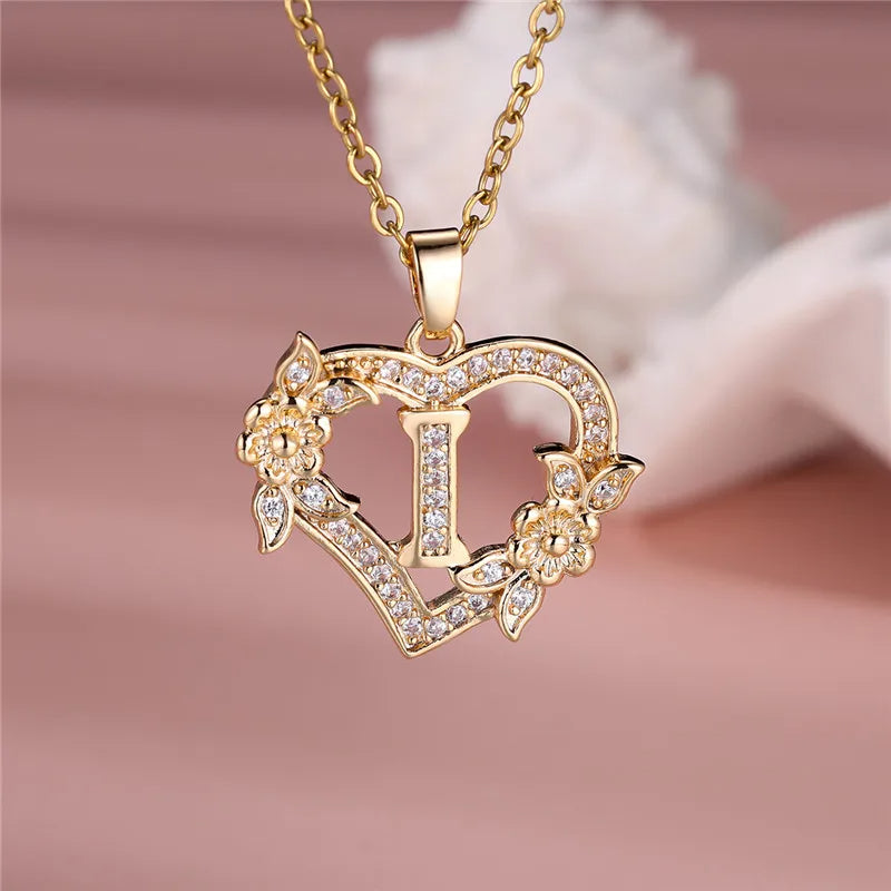A-Z LETTER FLOWER HEART PENDANT NECKLACE