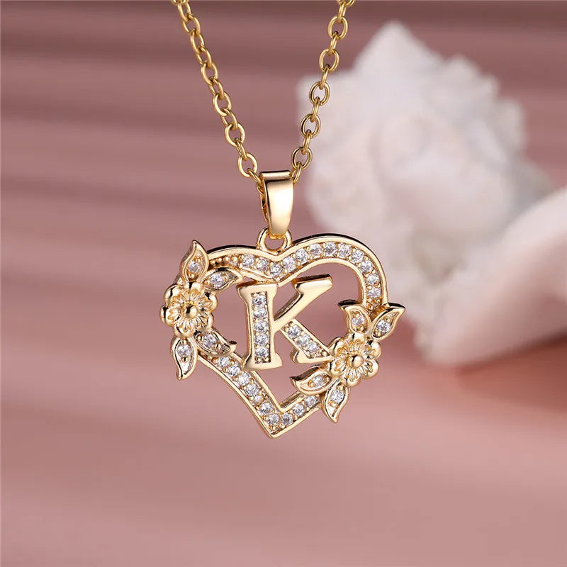 A-Z LETTER FLOWER HEART PENDANT NECKLACE
