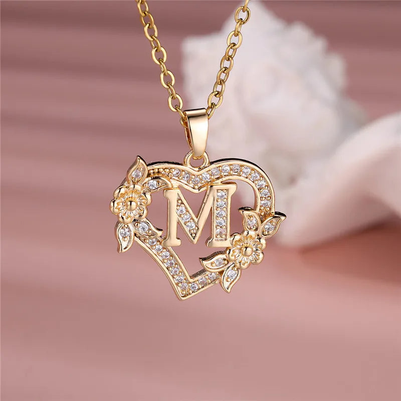 A-Z LETTER FLOWER HEART PENDANT NECKLACE