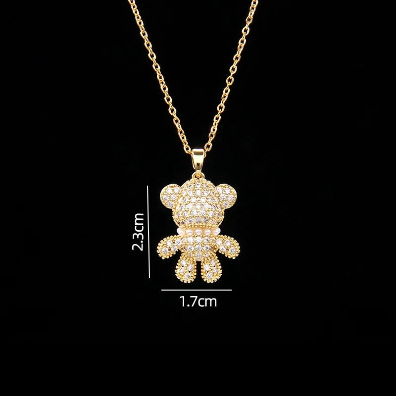 STAINLESS STEEL NECKLACE WITH A SHINY ZIRCON BEAR PENDANT