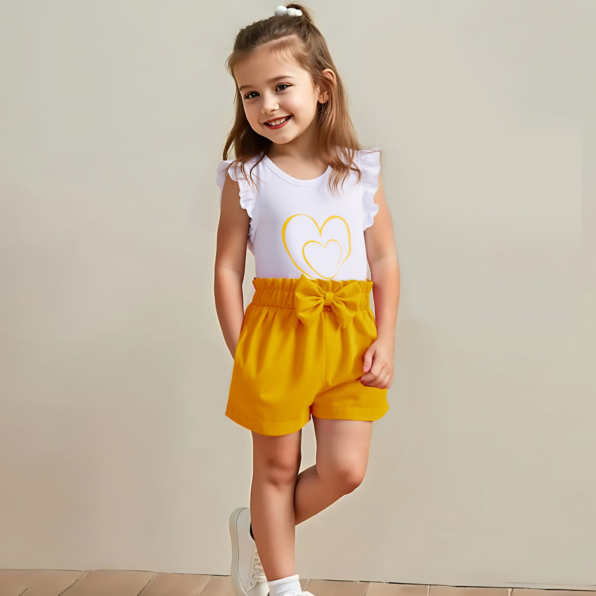 Flying Sleeve Love Printed T-shirt - Sweet Casual Two-Piece