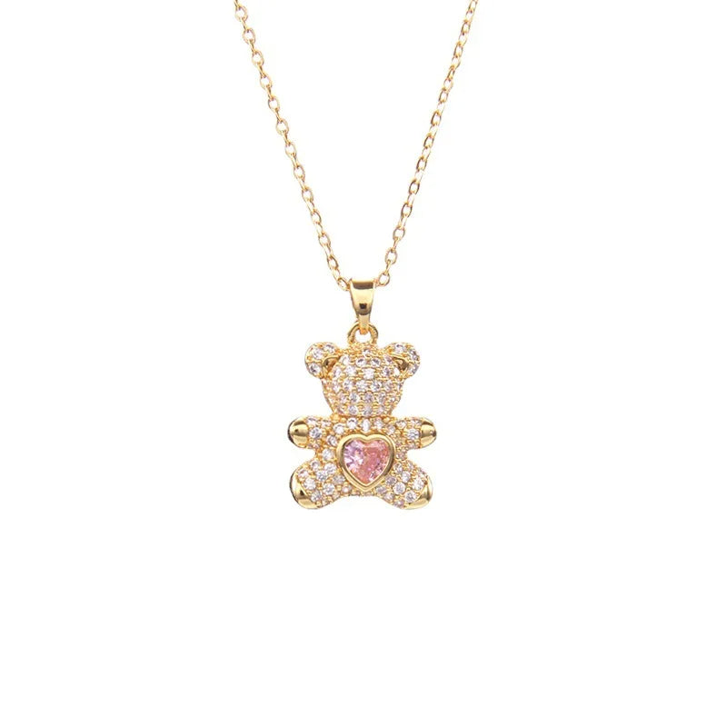 STAINLESS STEEL NECKLACE WITH A SHINY ZIRCON BEAR PENDANT