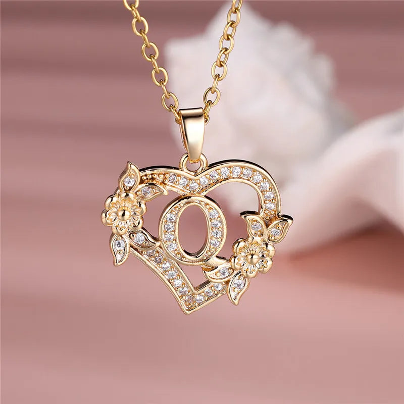 A-Z LETTER FLOWER HEART PENDANT NECKLACE