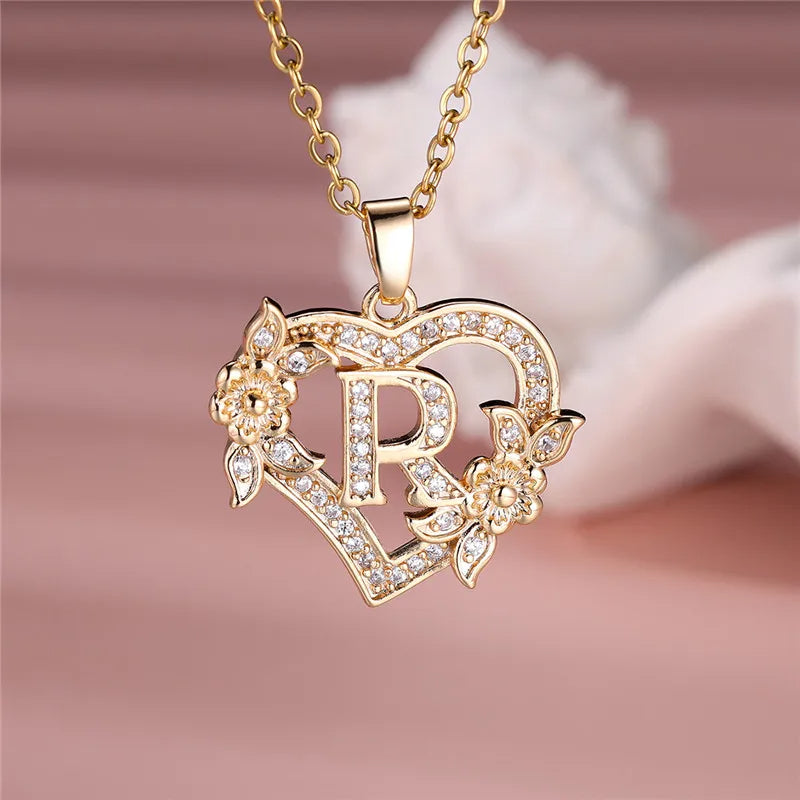 A-Z LETTER FLOWER HEART PENDANT NECKLACE