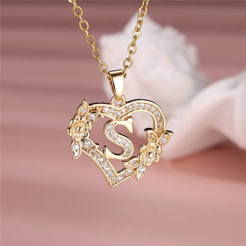 A-Z LETTER FLOWER HEART PENDANT NECKLACE