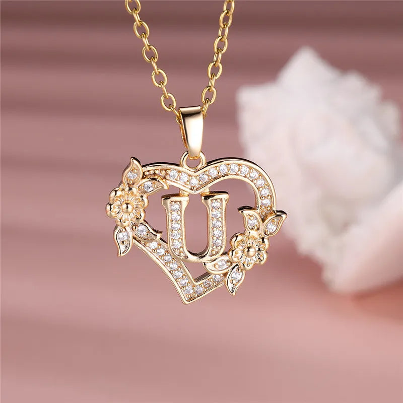 A-Z LETTER FLOWER HEART PENDANT NECKLACE