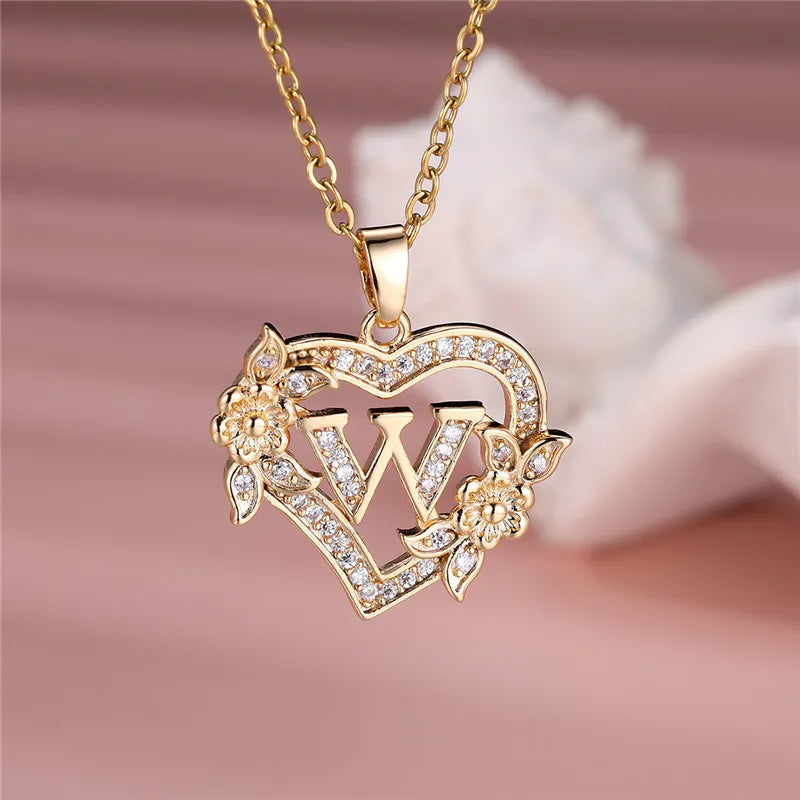 A-Z LETTER FLOWER HEART PENDANT NECKLACE