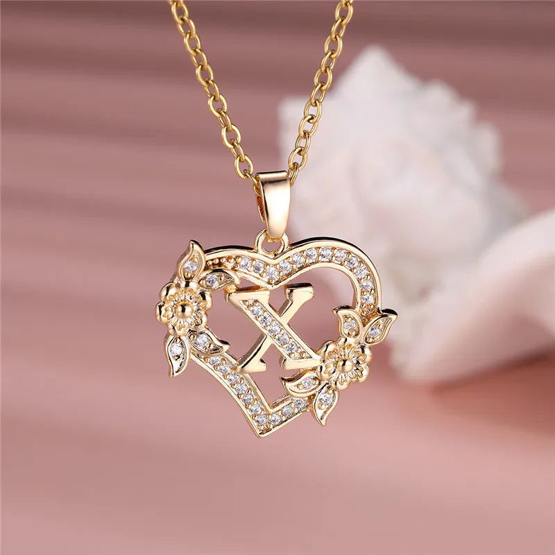 A-Z LETTER FLOWER HEART PENDANT NECKLACE