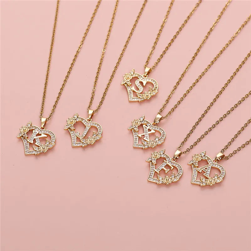 A-Z LETTER FLOWER HEART PENDANT NECKLACE