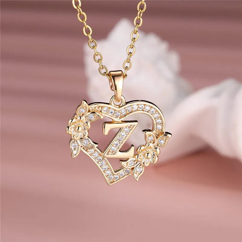 A-Z LETTER FLOWER HEART PENDANT NECKLACE