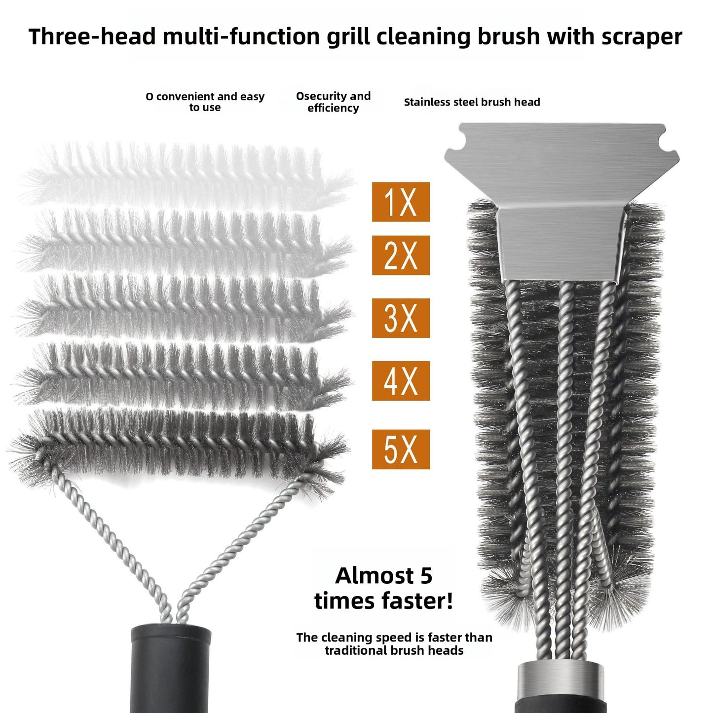 BBQ Grill Cleaning Brush - Stainless Steel Three-Head