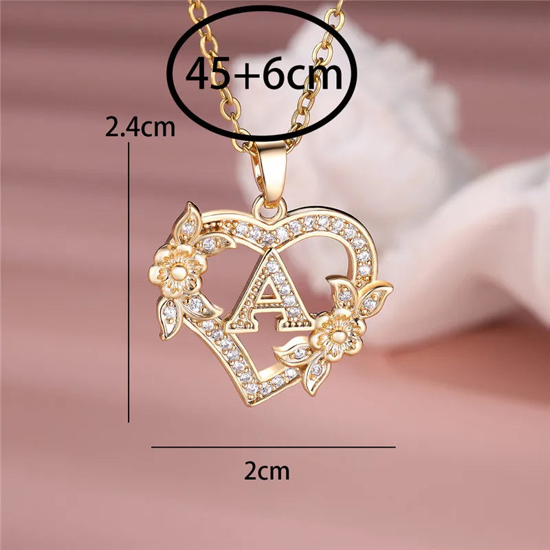 A-Z LETTER FLOWER HEART PENDANT NECKLACE