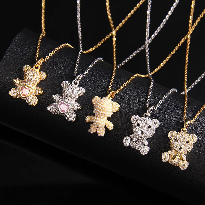 STAINLESS STEEL NECKLACE WITH A SHINY ZIRCON BEAR PENDANT