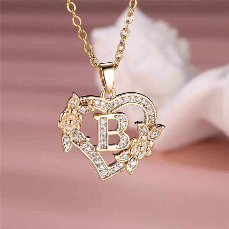 A-Z LETTER FLOWER HEART PENDANT NECKLACE