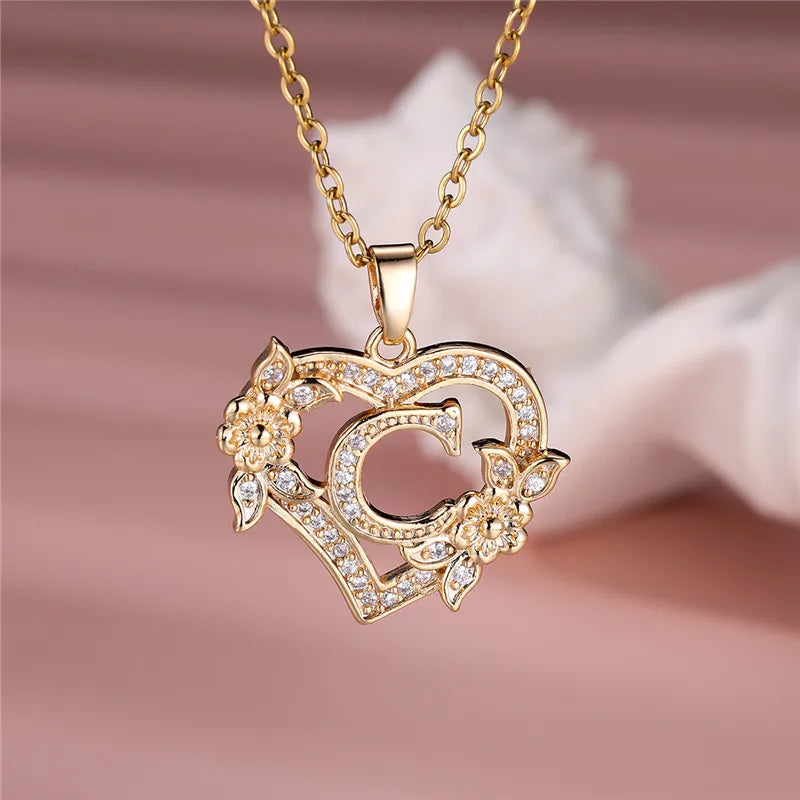 A-Z LETTER FLOWER HEART PENDANT NECKLACE