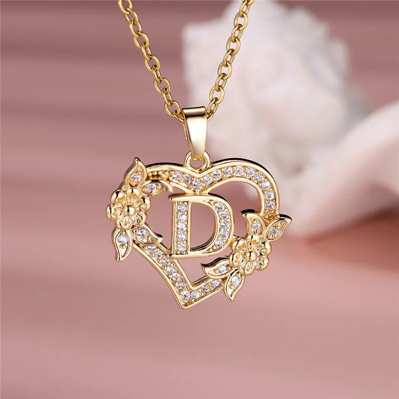 A-Z LETTER FLOWER HEART PENDANT NECKLACE