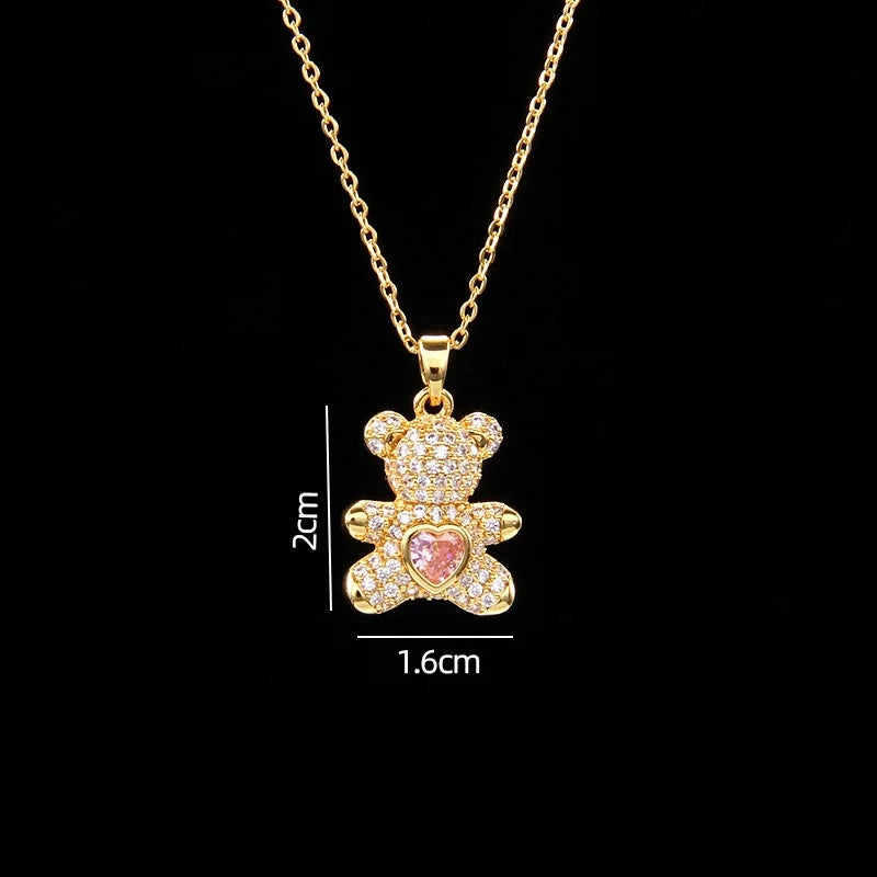 STAINLESS STEEL NECKLACE WITH A SHINY ZIRCON BEAR PENDANT