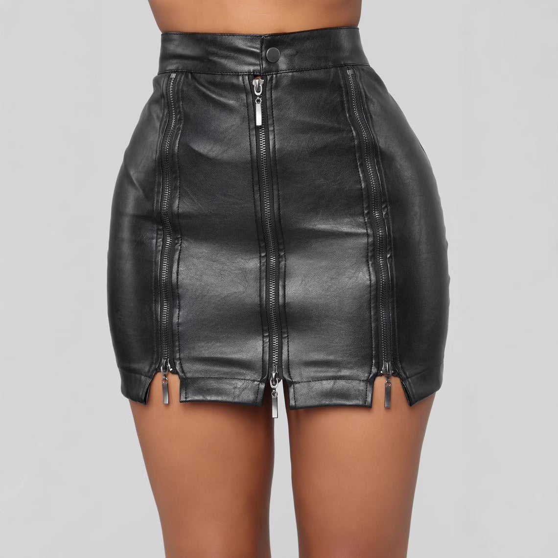 High Waist Leather Skirt with Zipper Detail