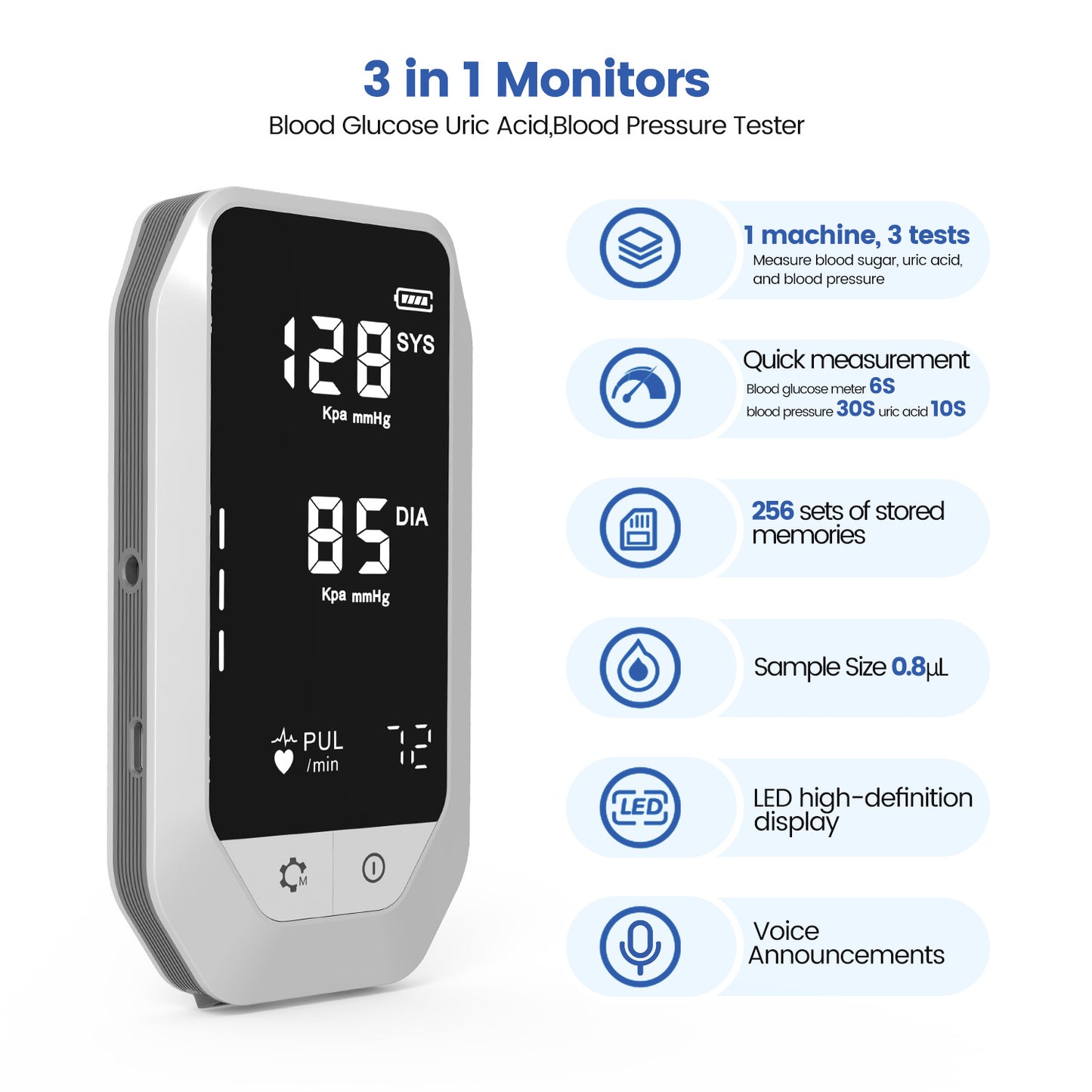 Blood Sugar, Pressure & Uric Acid Monitor with Test Strips