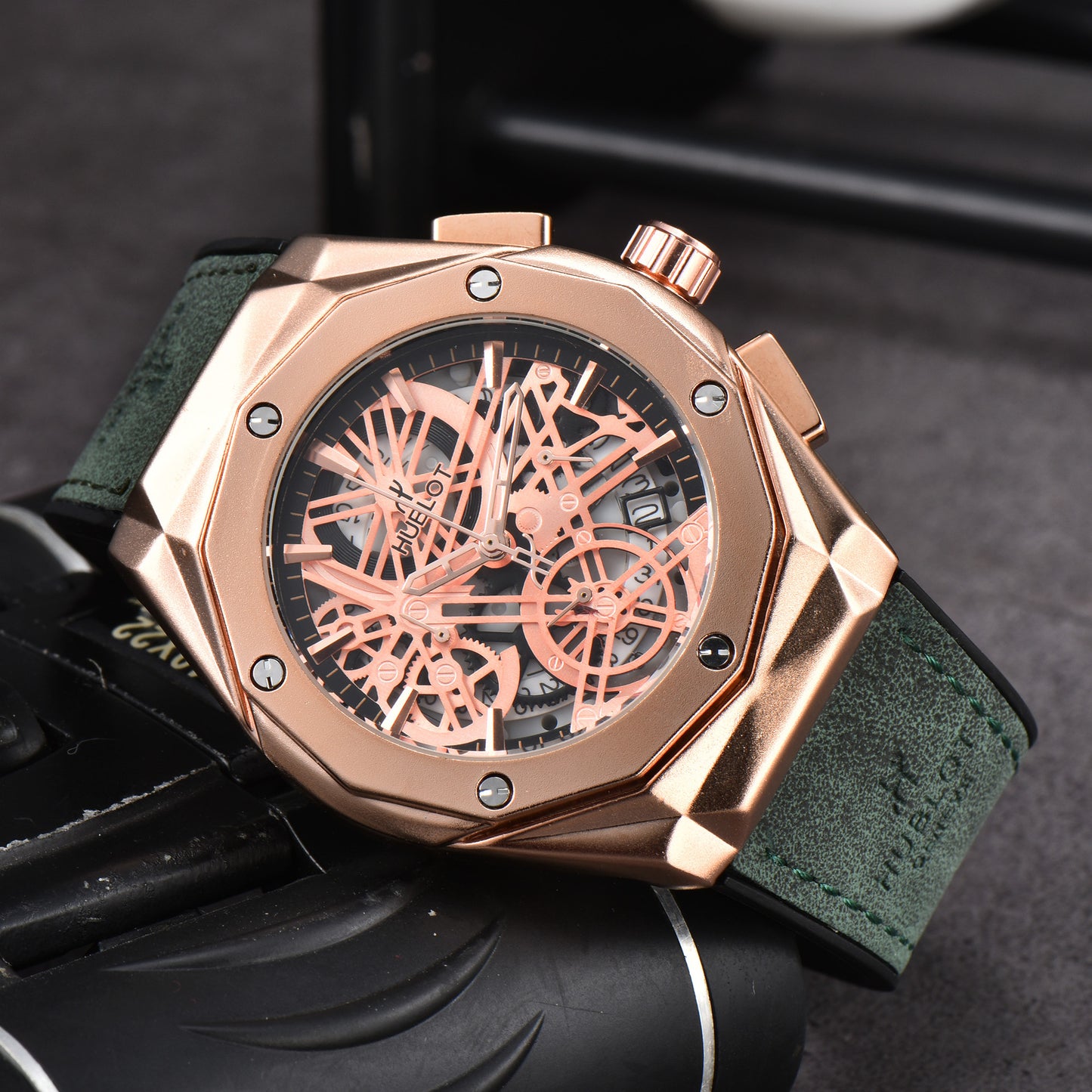 Hollow Chronograph Quartz Watch with Leather/Rubber Strap