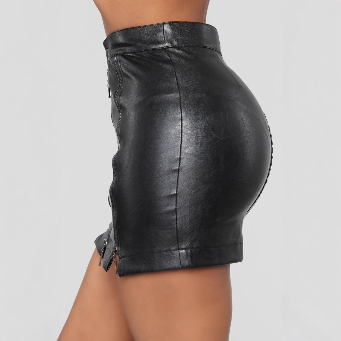 High Waist Leather Skirt with Zipper Detail