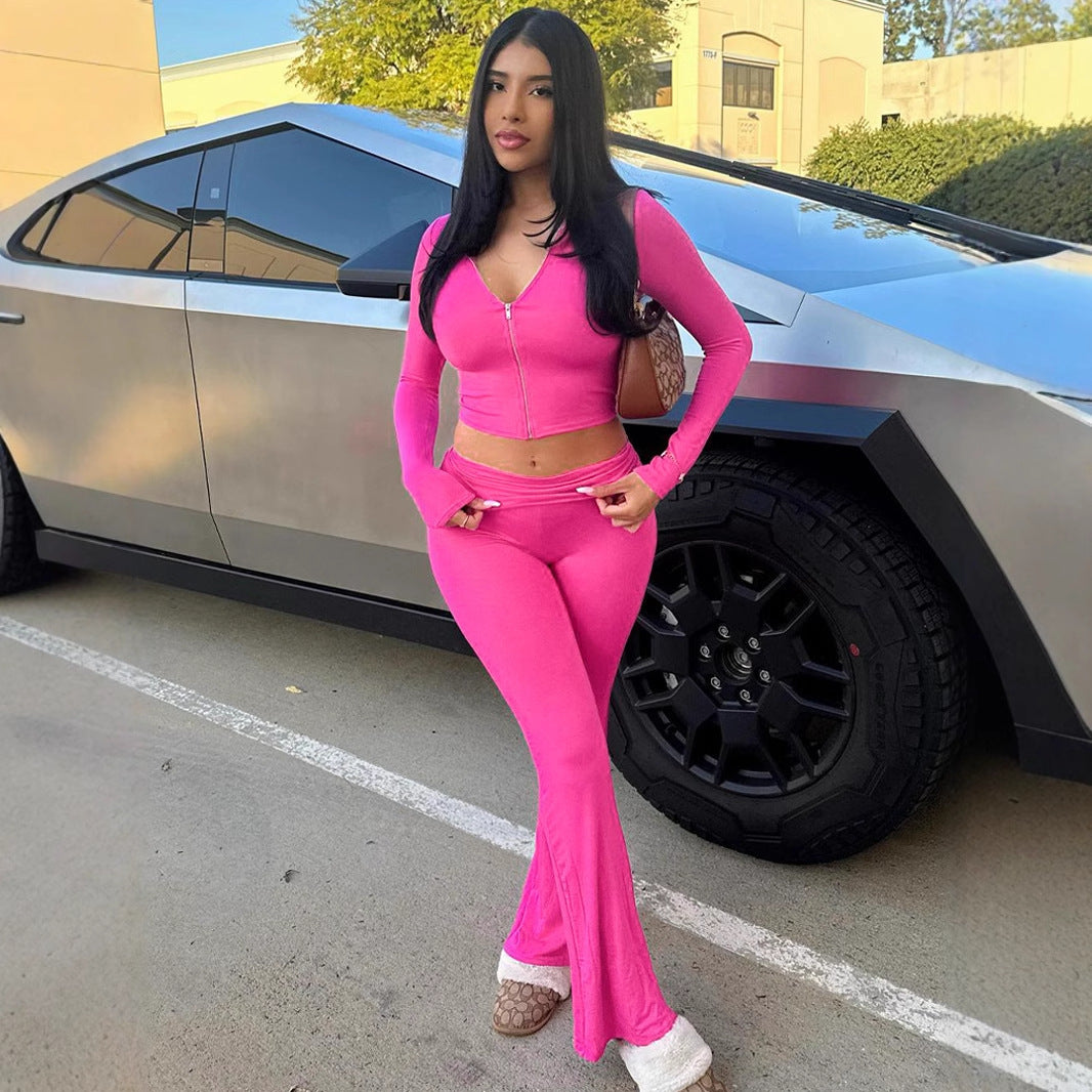 Hooded Top and Flared Pants Suit