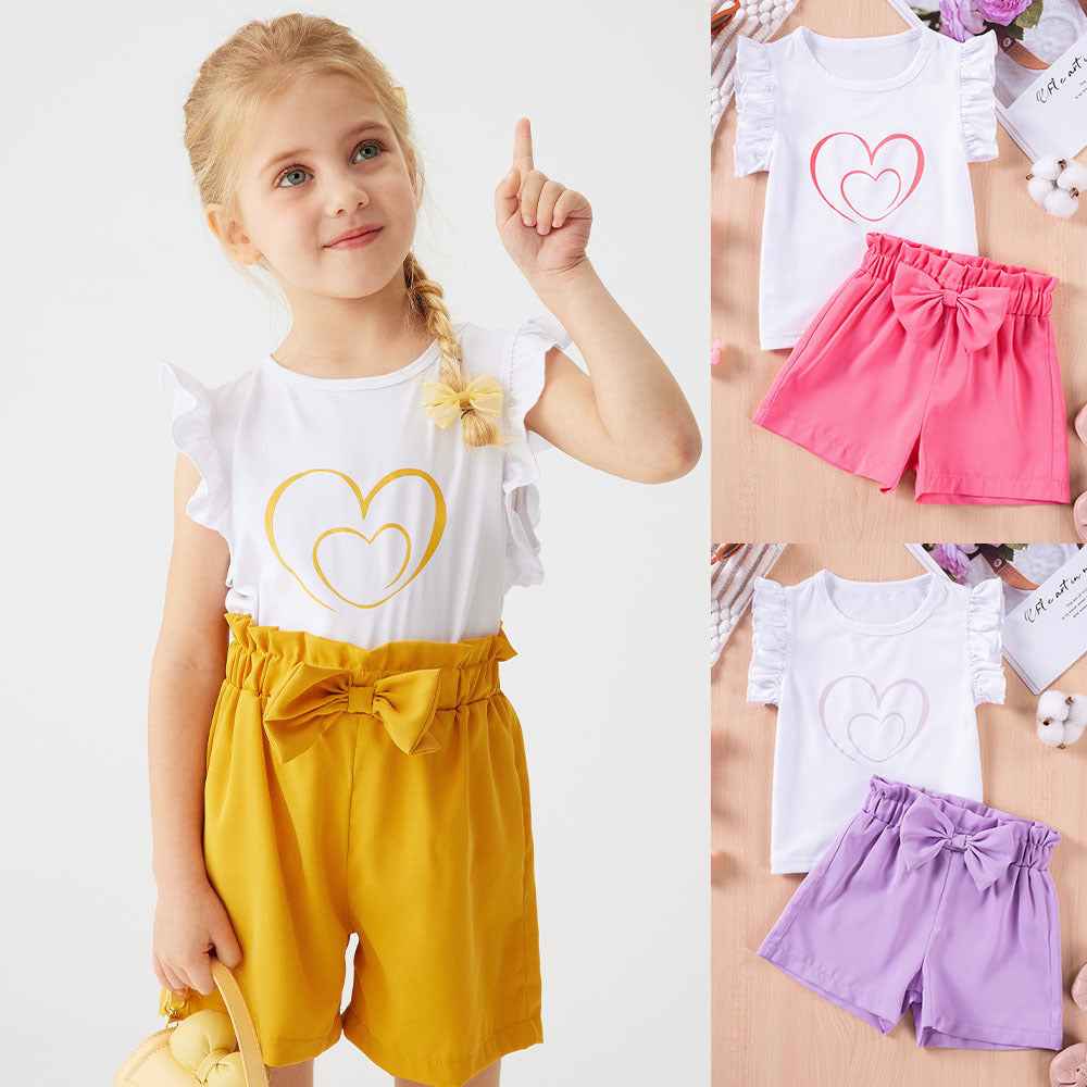 Flying Sleeve Love Printed T-shirt - Sweet Casual Two-Piece
