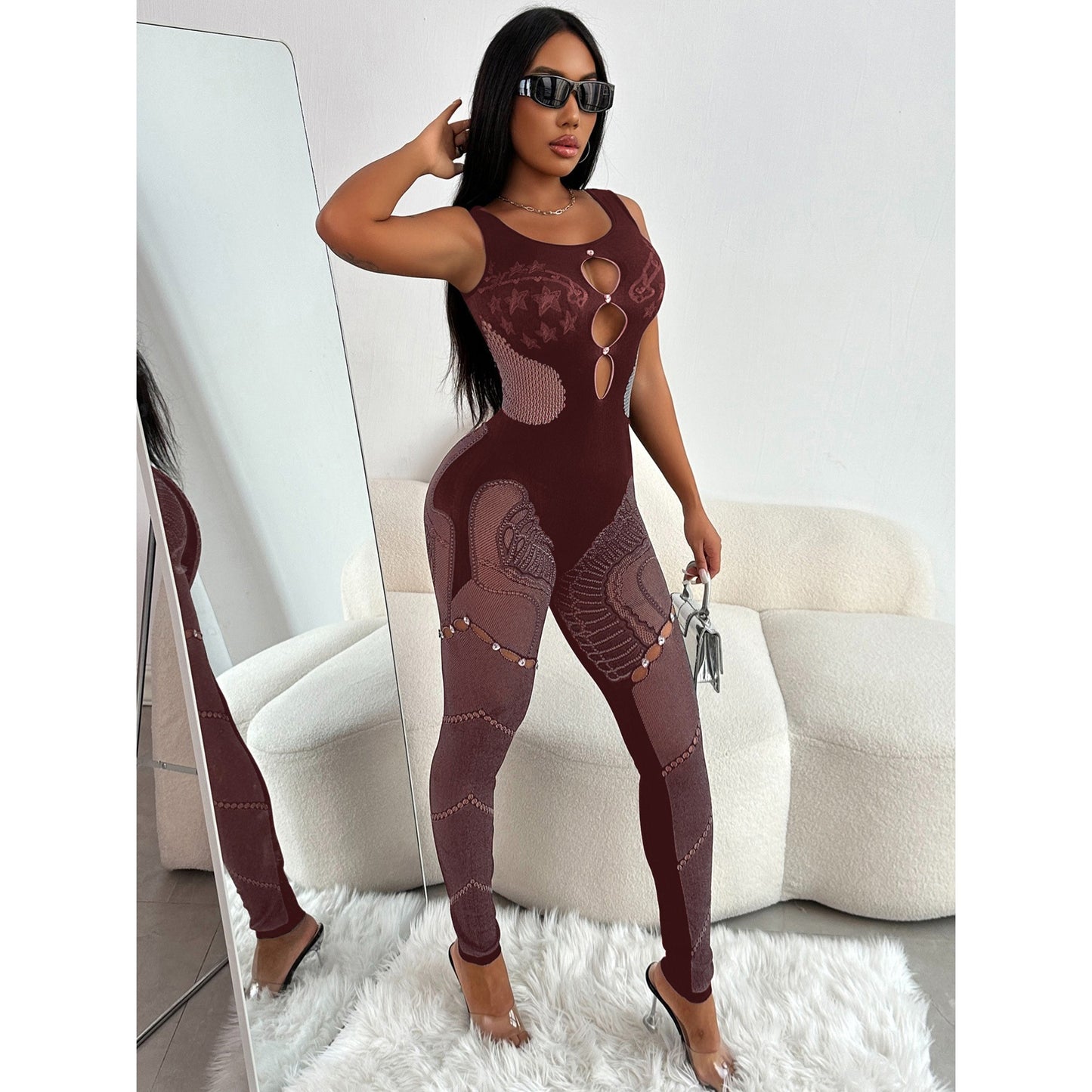 Women's Tight Hollow Mesh Lace Rhinestone Strap Jumpsuit