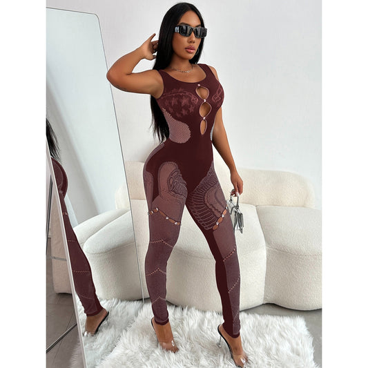 Women's Tight Hollow Mesh Lace Rhinestone Strap Jumpsuit