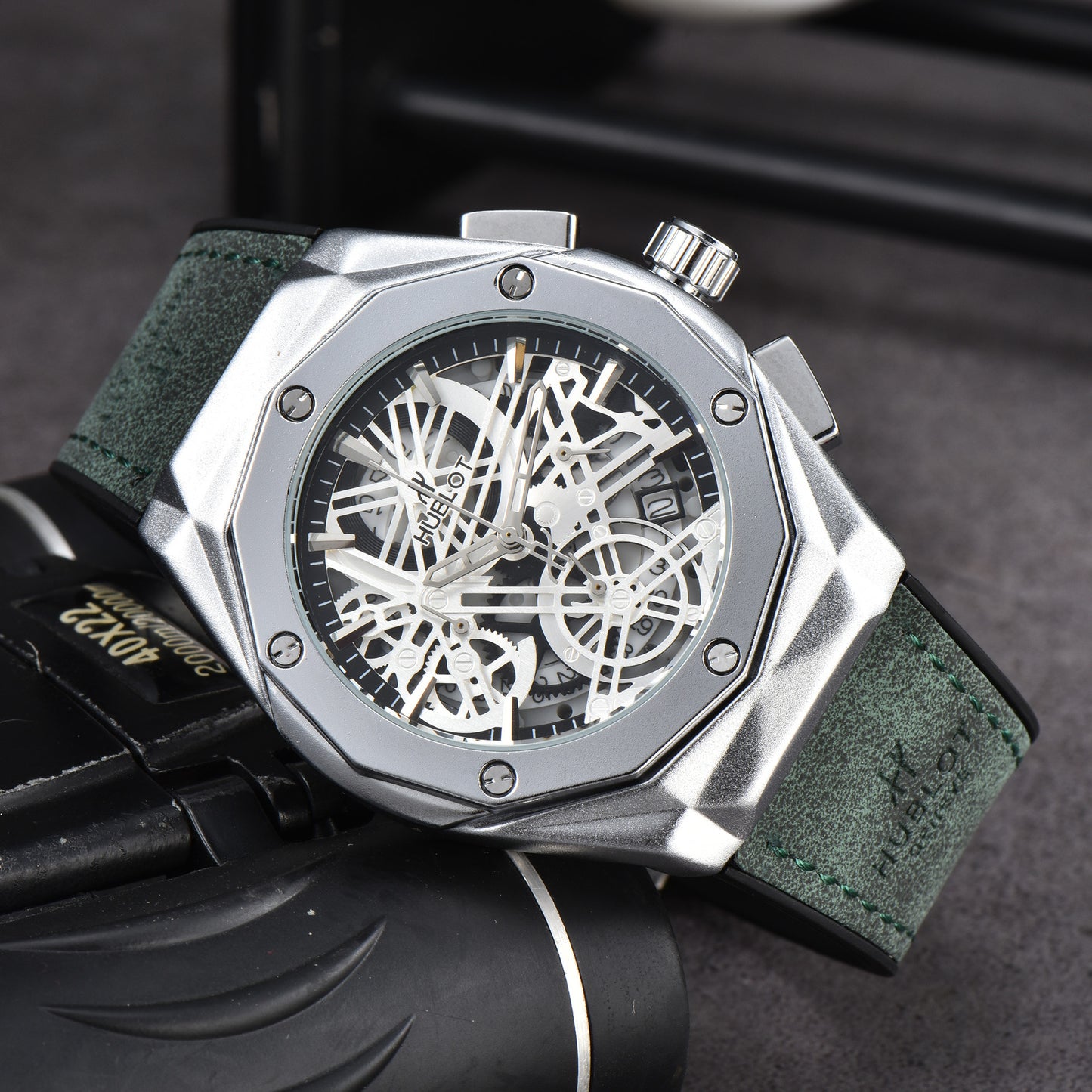 Hollow Chronograph Quartz Watch with Leather/Rubber Strap