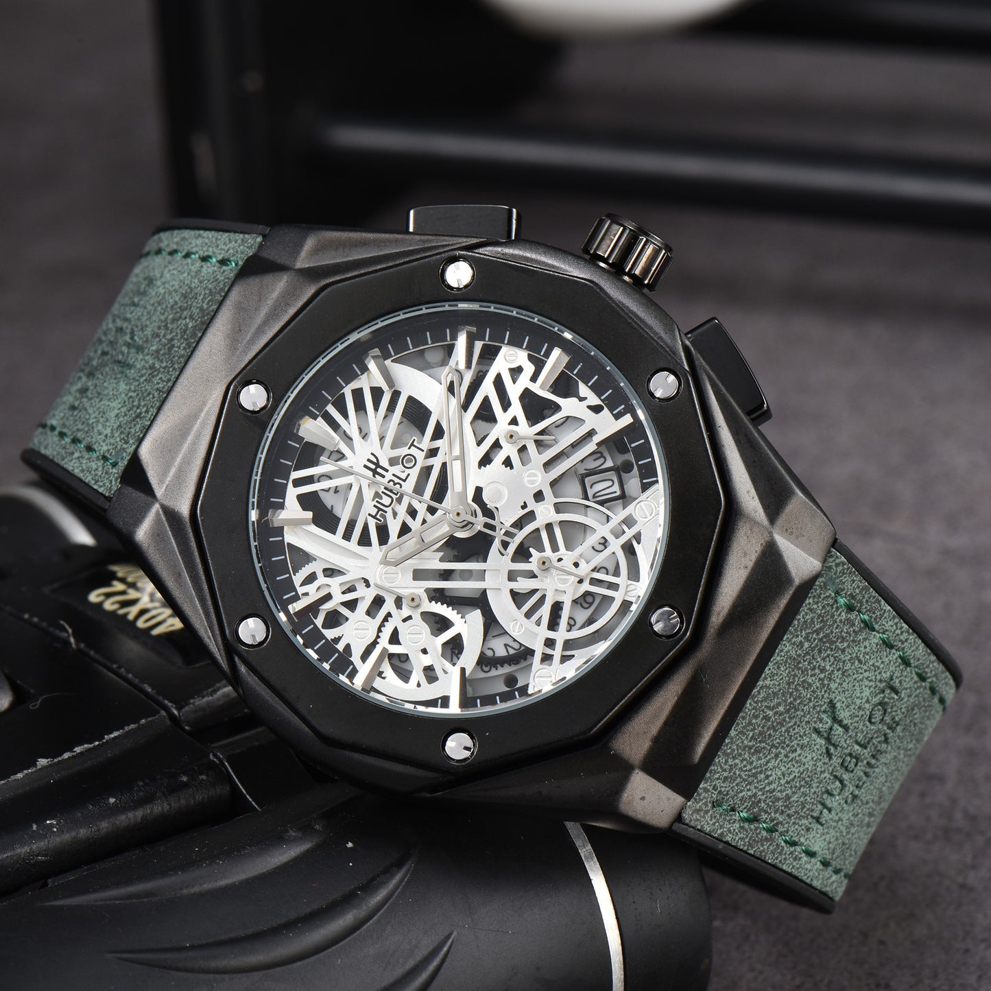 Hollow Chronograph Quartz Watch with Leather/Rubber Strap