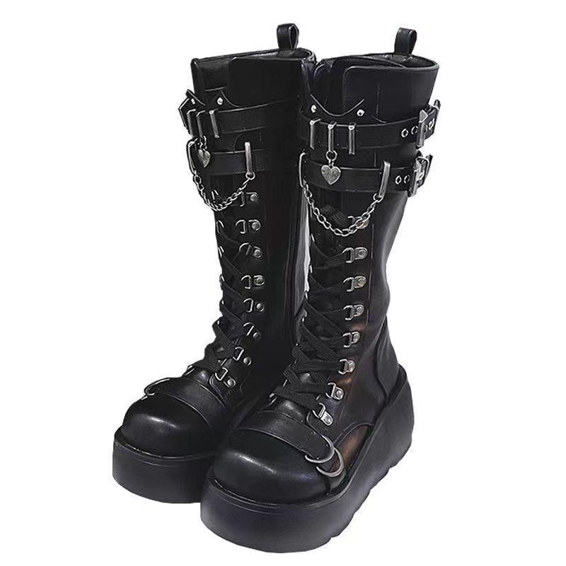Thick-Soled Buckle Wedge Boots