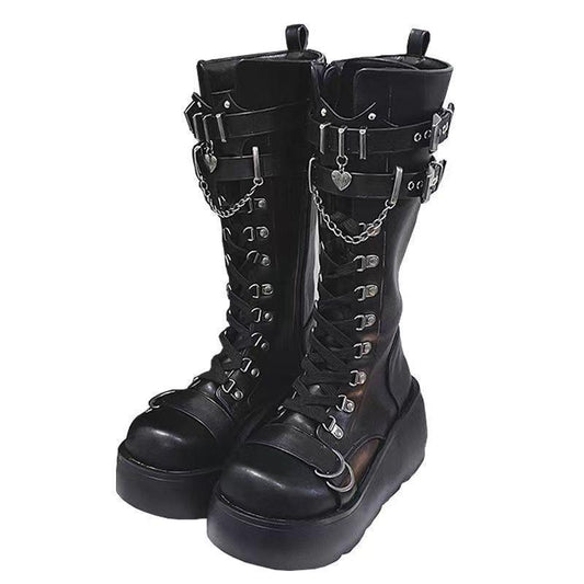Thick-Soled Buckle Wedge Boots