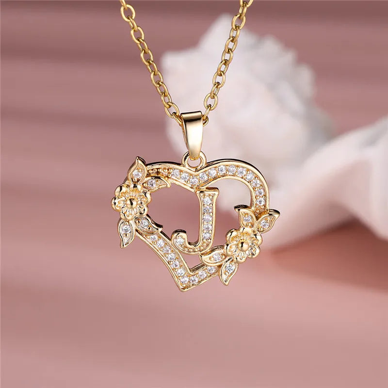 A-Z LETTER FLOWER HEART PENDANT NECKLACE