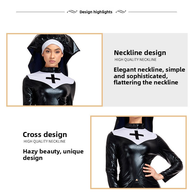 PU Leather Nun Costume with Punk Cross for Cosplay