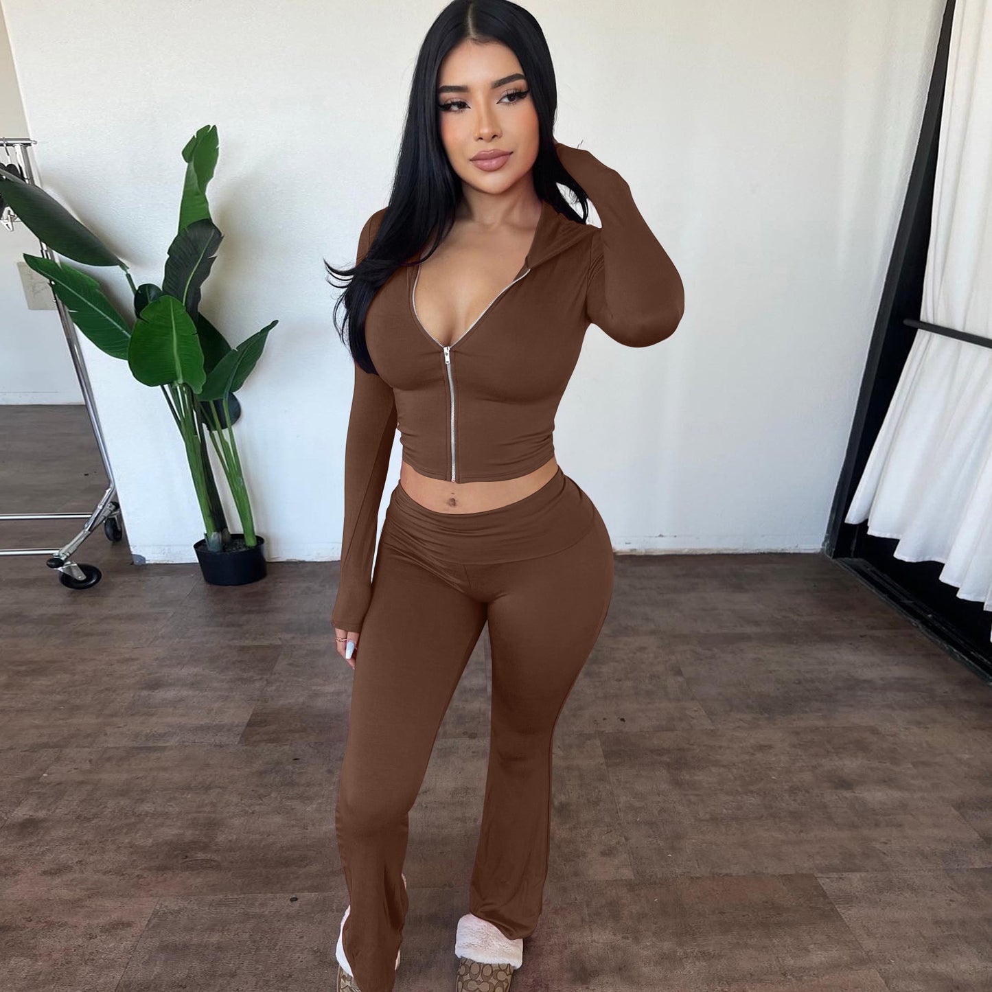 Hooded Top and Flared Pants Suit