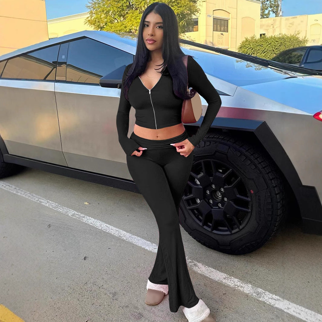 Hooded Top and Flared Pants Suit