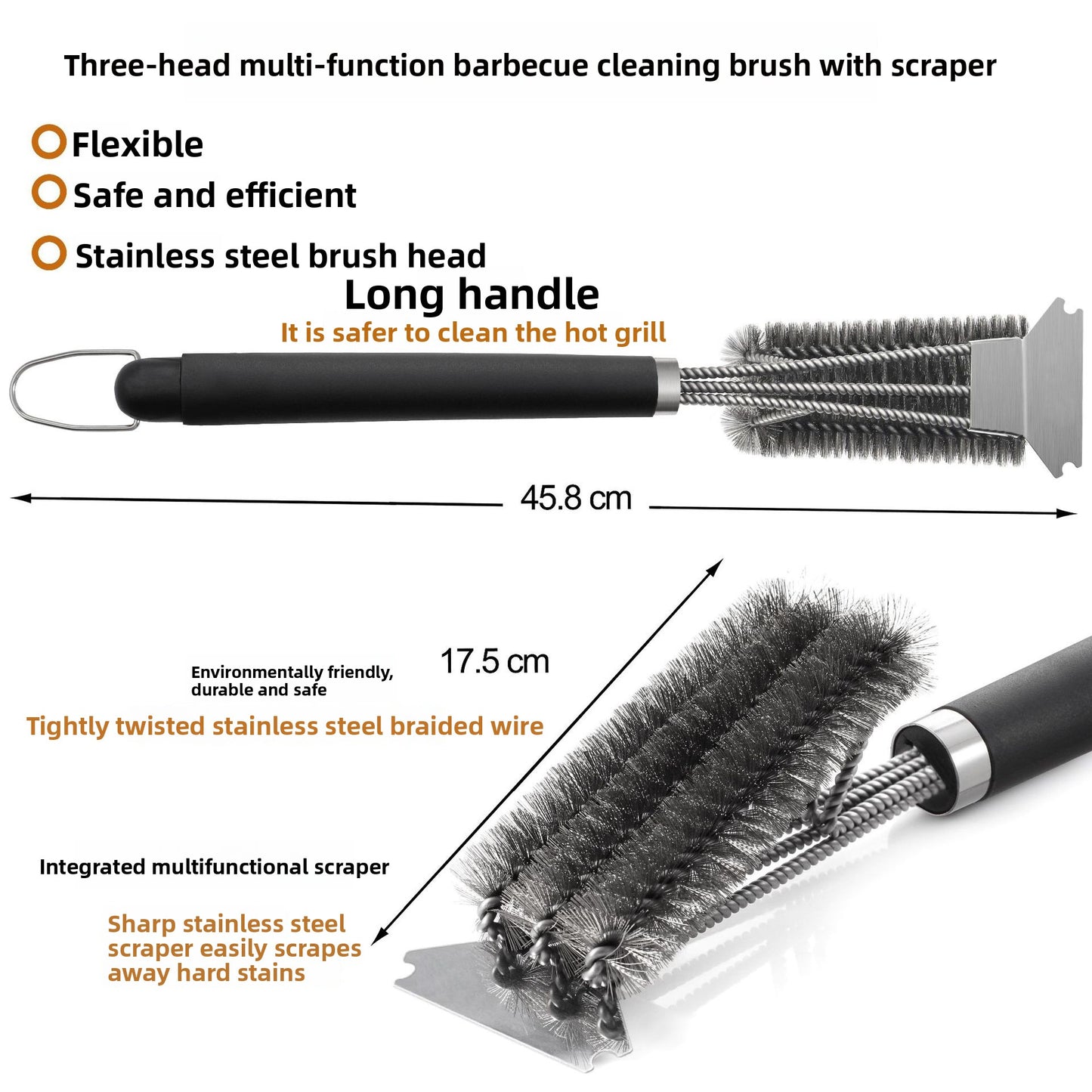 BBQ Grill Cleaning Brush - Stainless Steel Three-Head