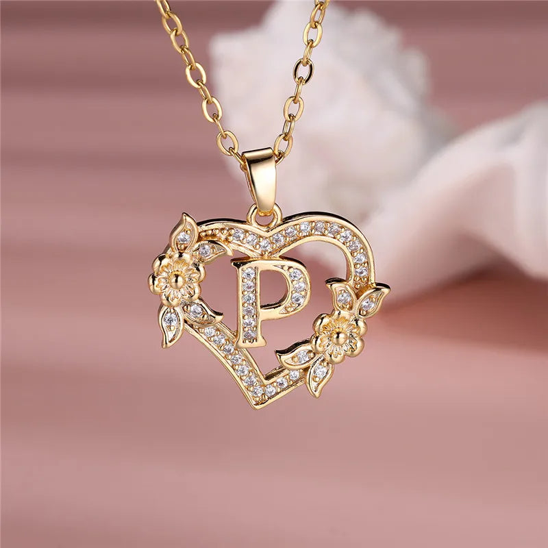 A-Z LETTER FLOWER HEART PENDANT NECKLACE