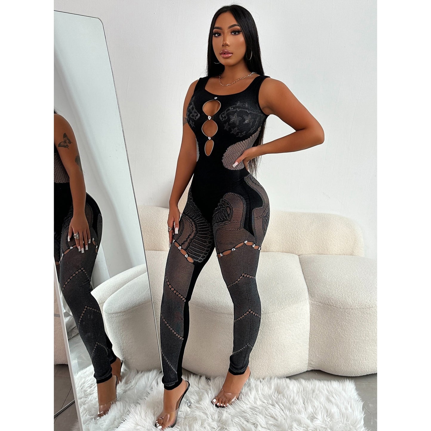 Women's Tight Hollow Mesh Lace Rhinestone Strap Jumpsuit