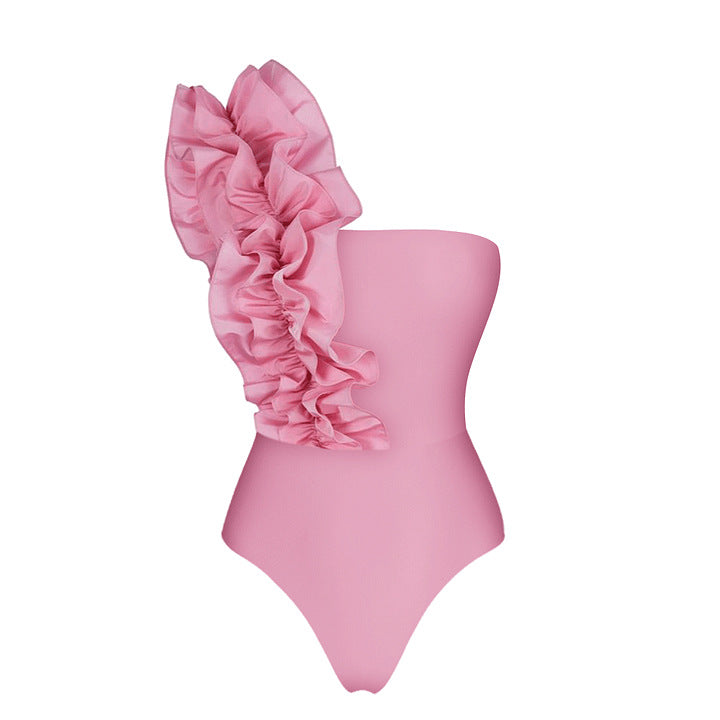 Pink One-Shoulder Ruffle Swimsuit with Skirt