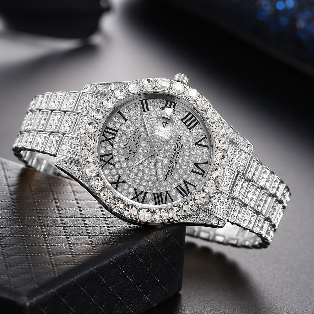 Rhinestone Calendar Men's Alloy Watch