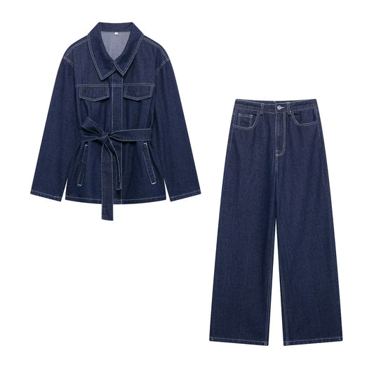 Women's Denim Jacket and Wide-Leg Trousers Set