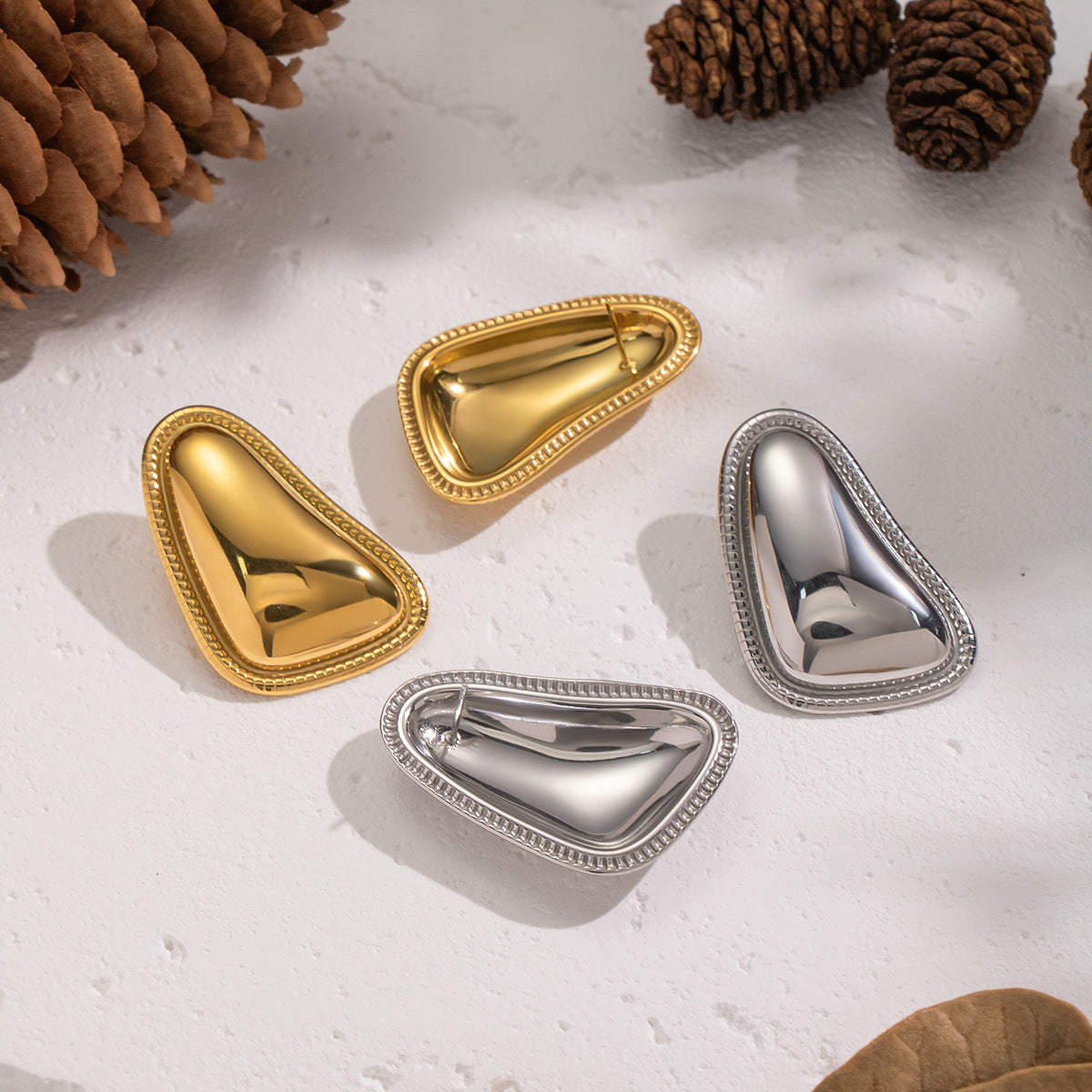 Gold Plated Earrings - Geometric Triangle Lace Edge