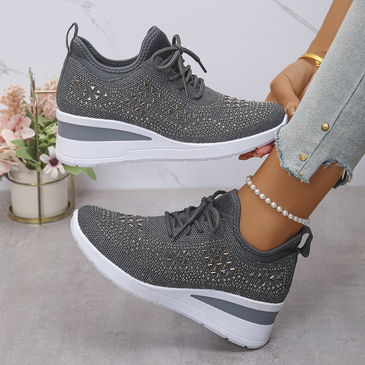 Rhinestone Lace-Up Women's Casual Shoes