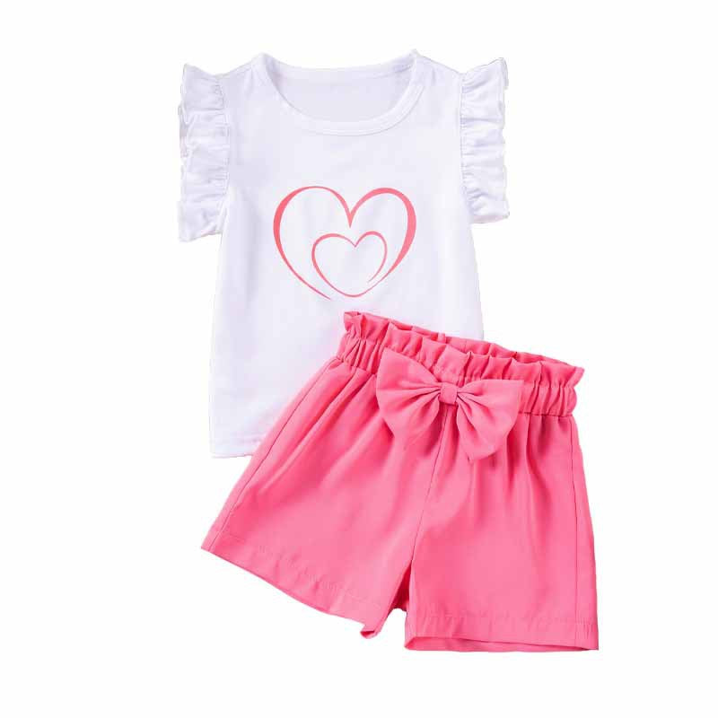 Flying Sleeve Love Printed T-shirt - Sweet Casual Two-Piece