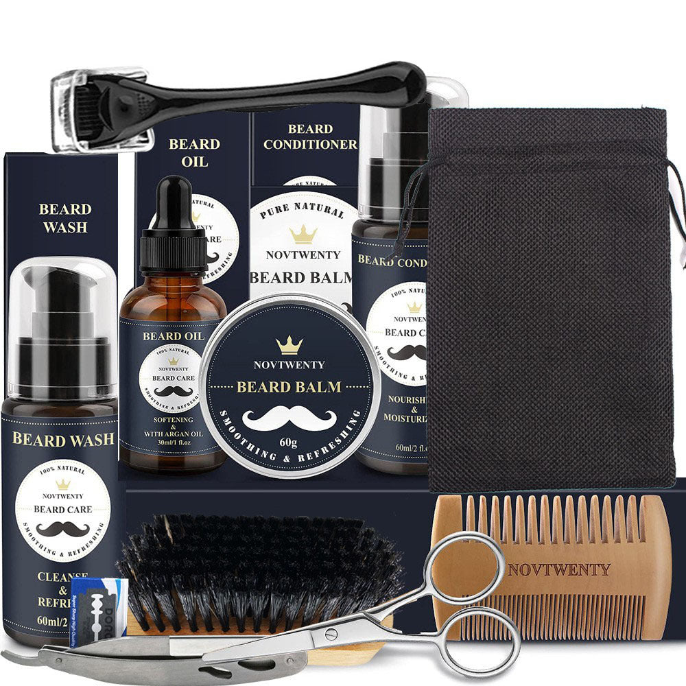 Beard Grooming Kit with Wash, Balm, Brush, Scissors, and Razor